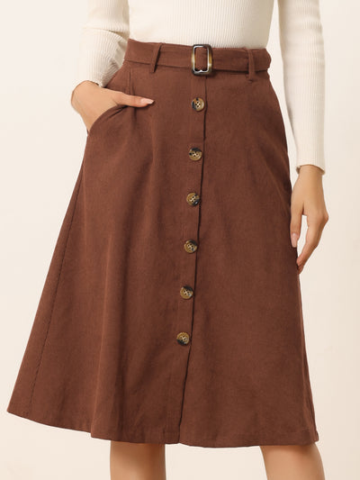 High Waist Button Front Belted Corduroy A-Line Midi Skirt