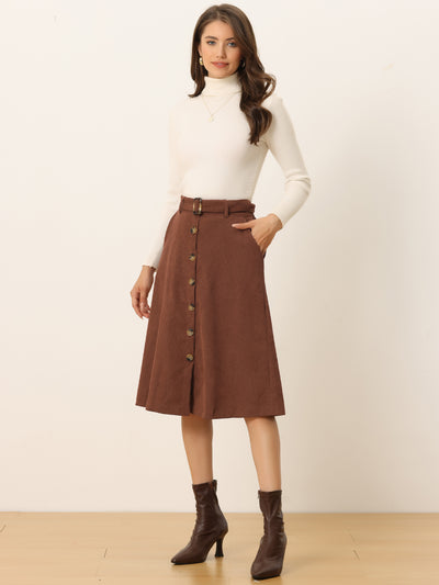 High Waist Button Front Belted Corduroy A-Line Midi Skirt