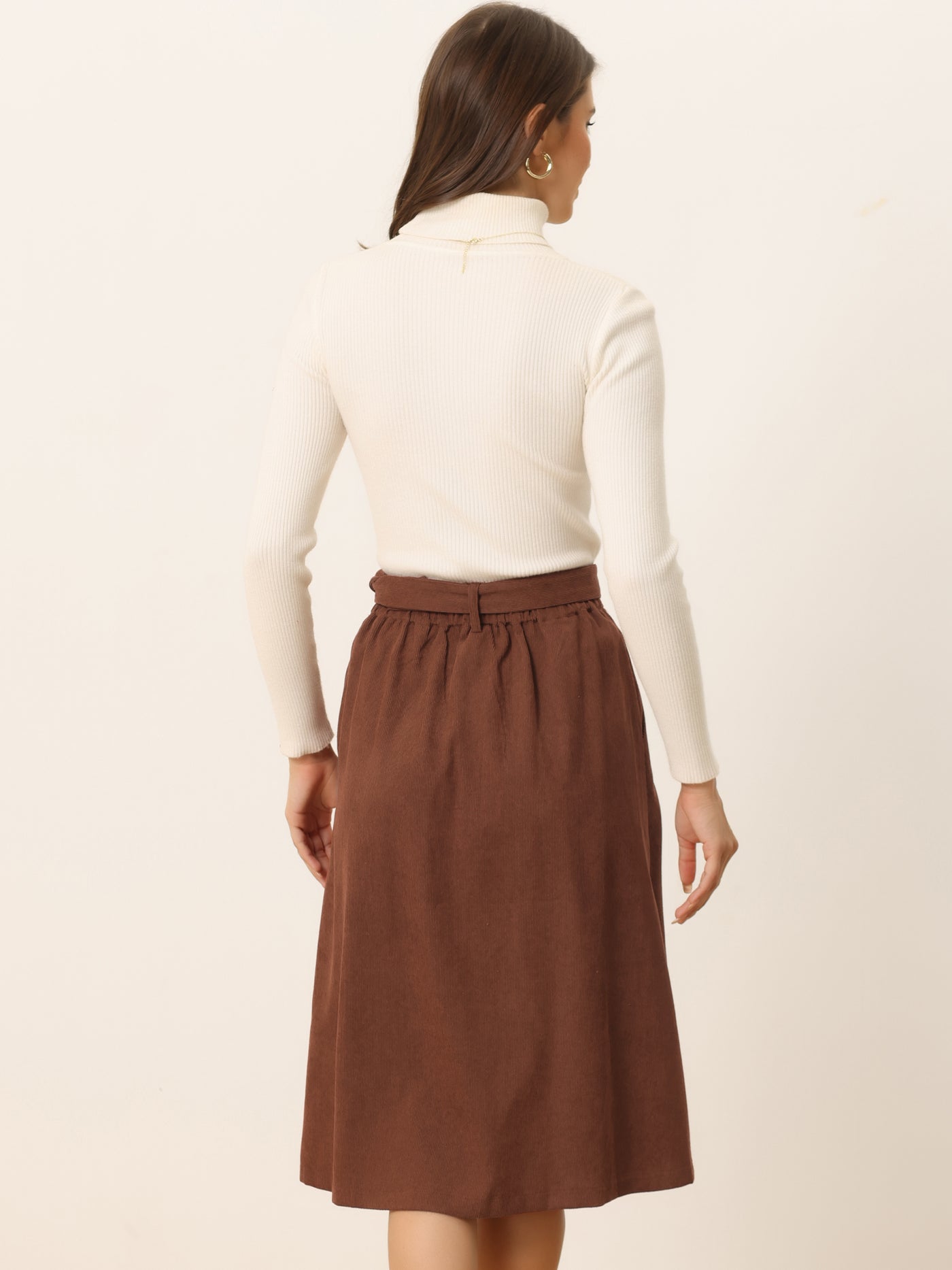 Allegra K High Waist Button Front Belted Corduroy A-Line Midi Skirt