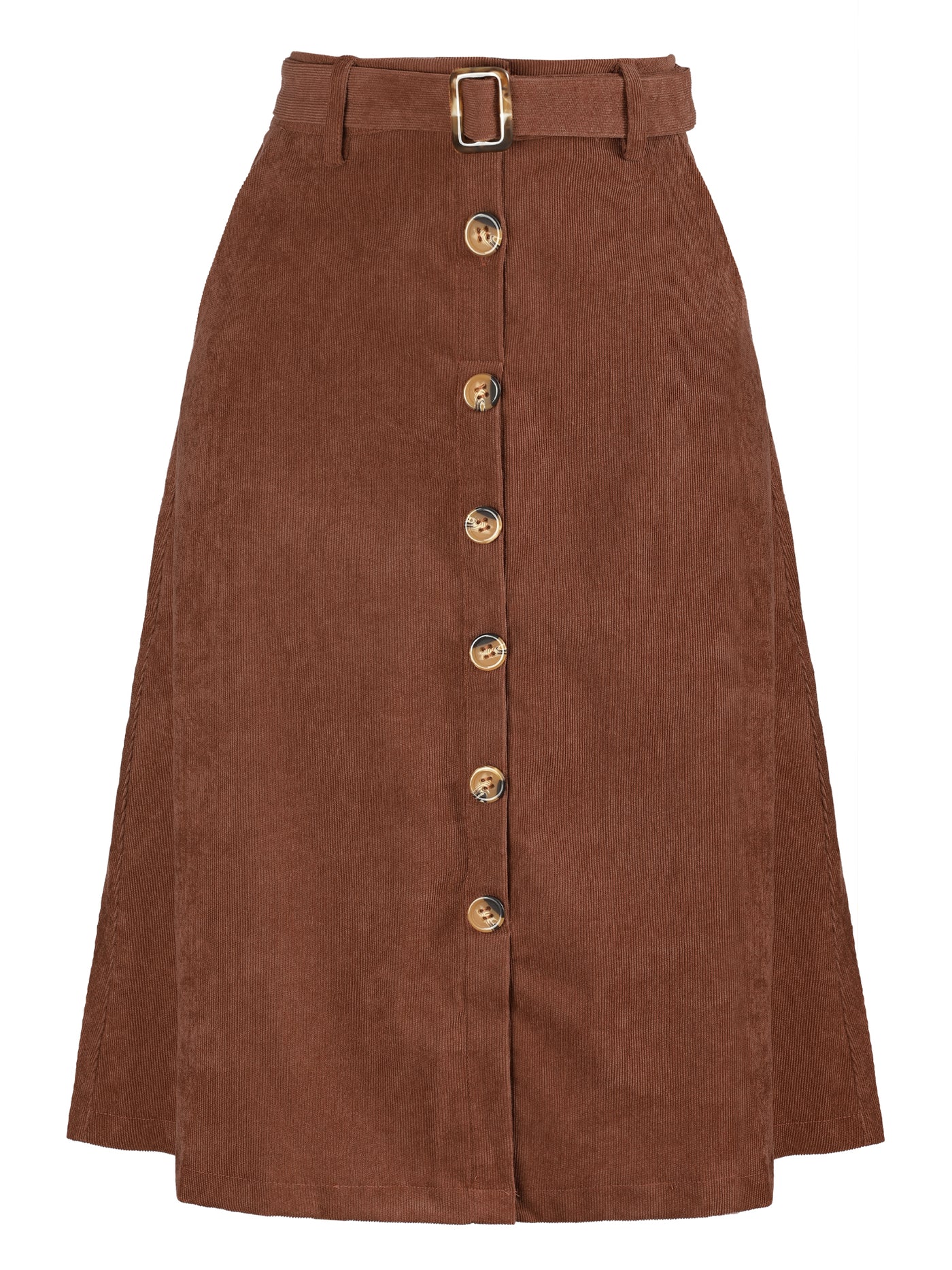 Allegra K High Waist Button Front Belted Corduroy A-Line Midi Skirt