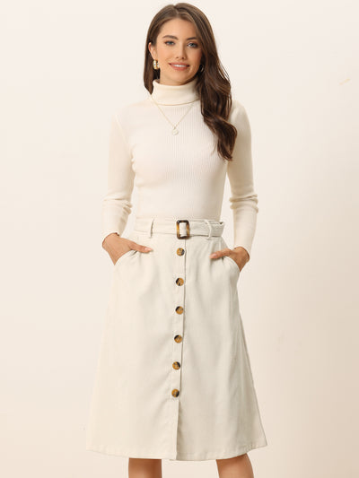 High Waist Button Front Belted Corduroy A-Line Midi Skirt