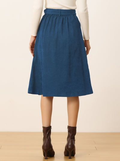 High Waist Button Front Belted Corduroy A-Line Midi Skirt