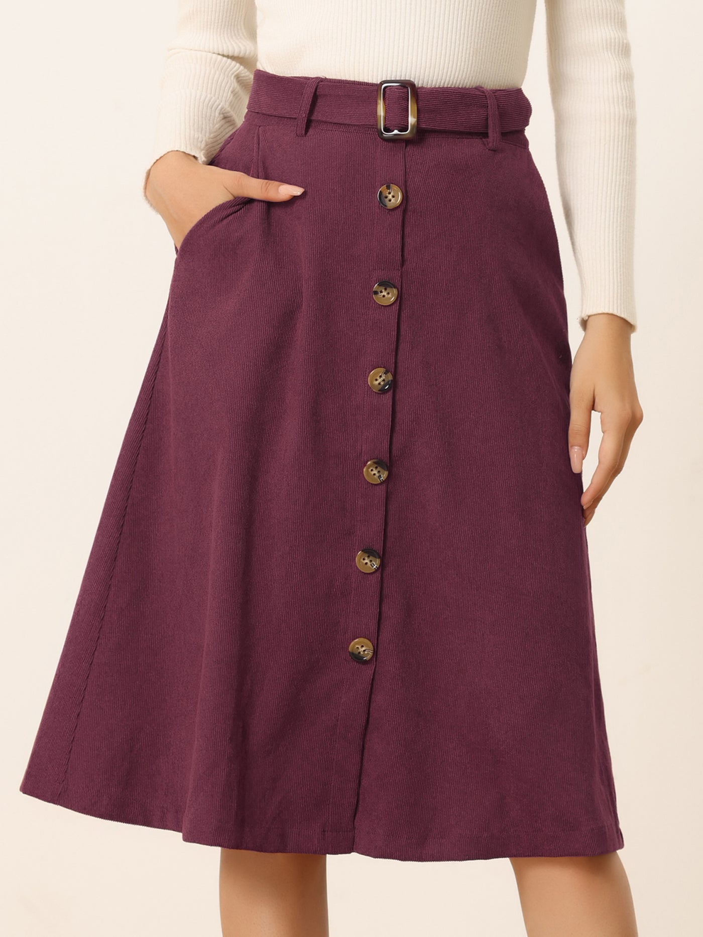 Allegra K High Waist Button Front Belted Corduroy A-Line Midi Skirt