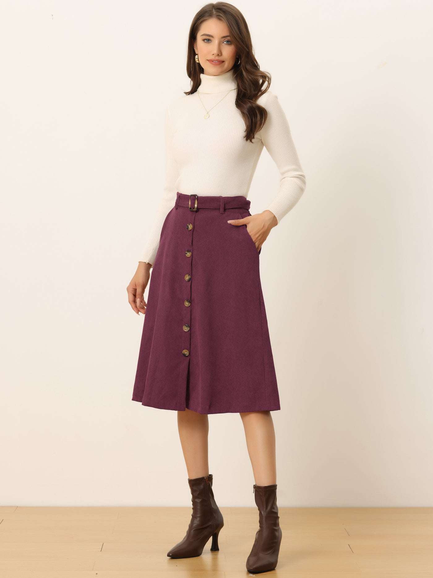 Allegra K High Waist Button Front Belted Corduroy A-Line Midi Skirt