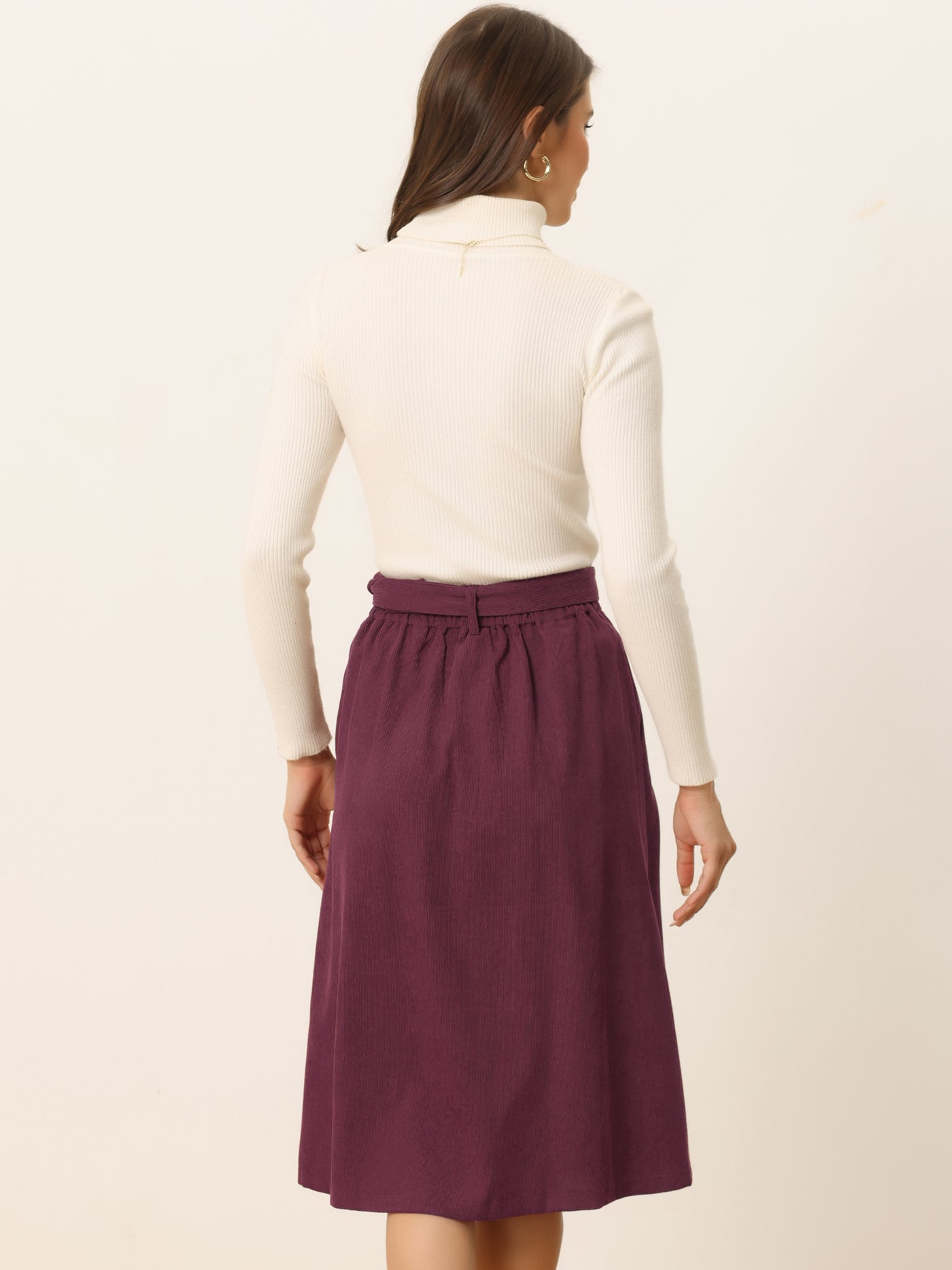 Allegra K High Waist Button Front Belted Corduroy A-Line Midi Skirt