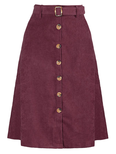 High Waist Button Front Belted Corduroy A-Line Midi Skirt