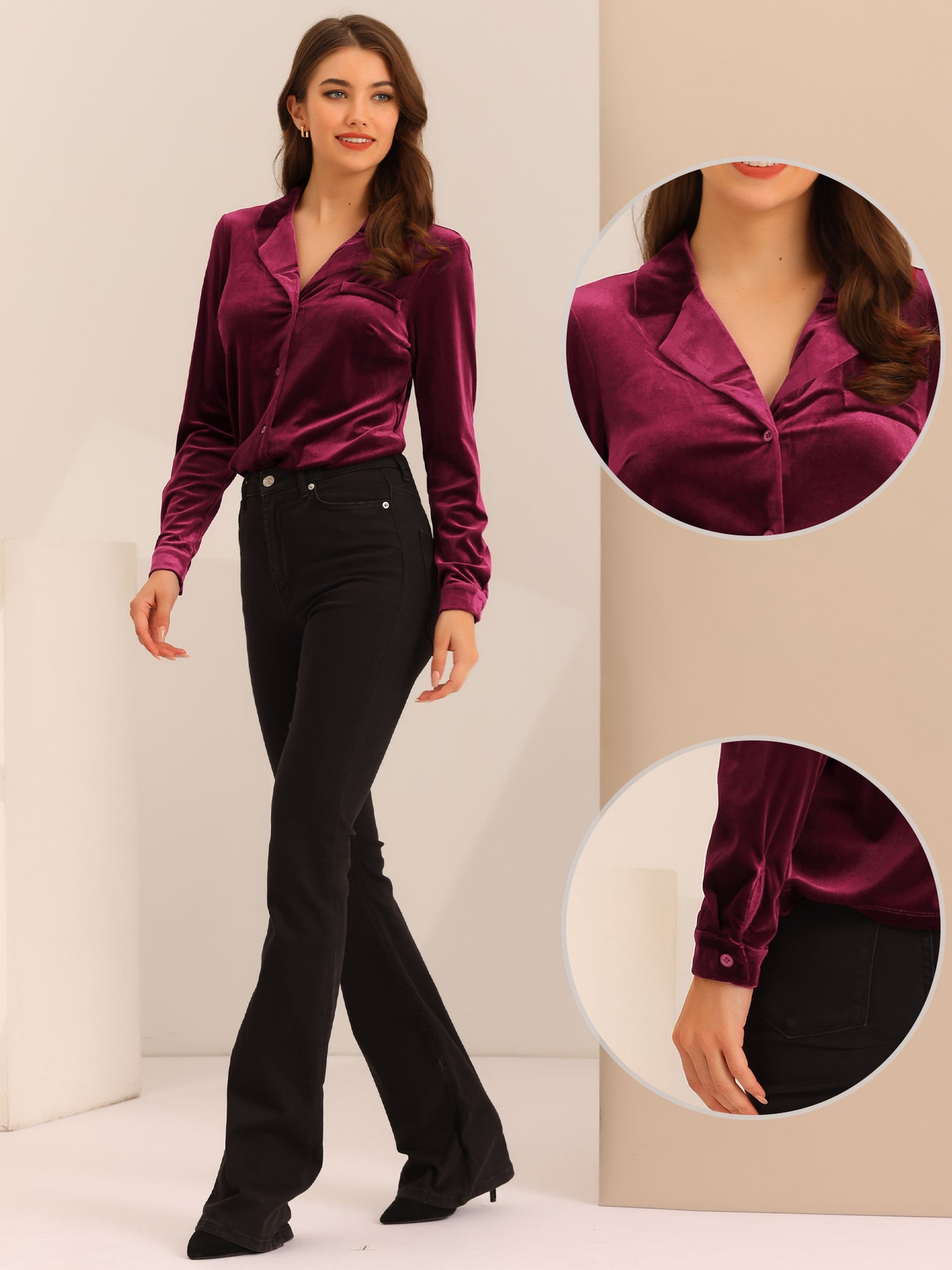 Allegra K Velvet Blouse Collared Long Sleeve Button Down Shirt Top