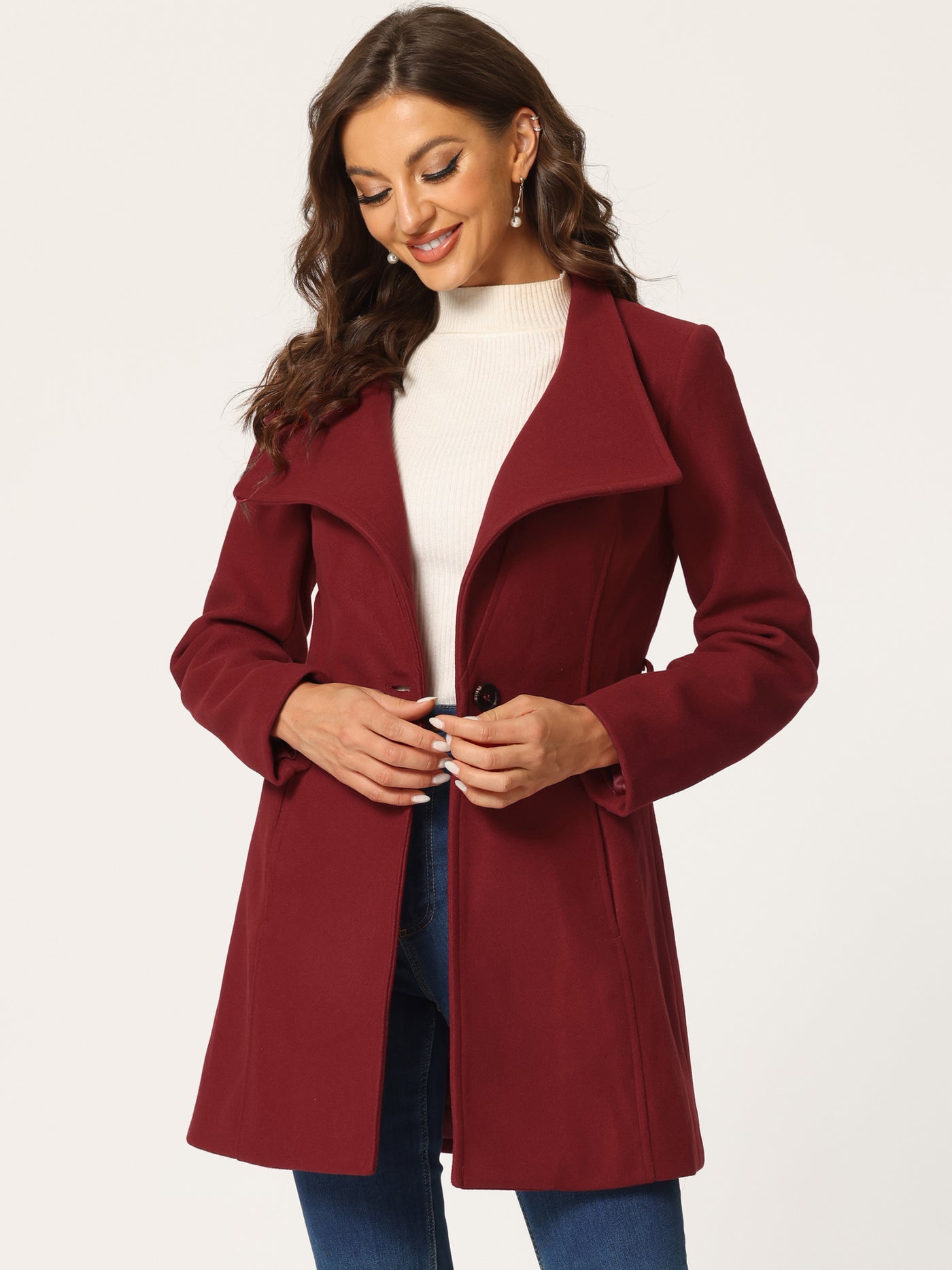 Allegra K Classic Stand Collar Long Sleeve Winter Belted Coat