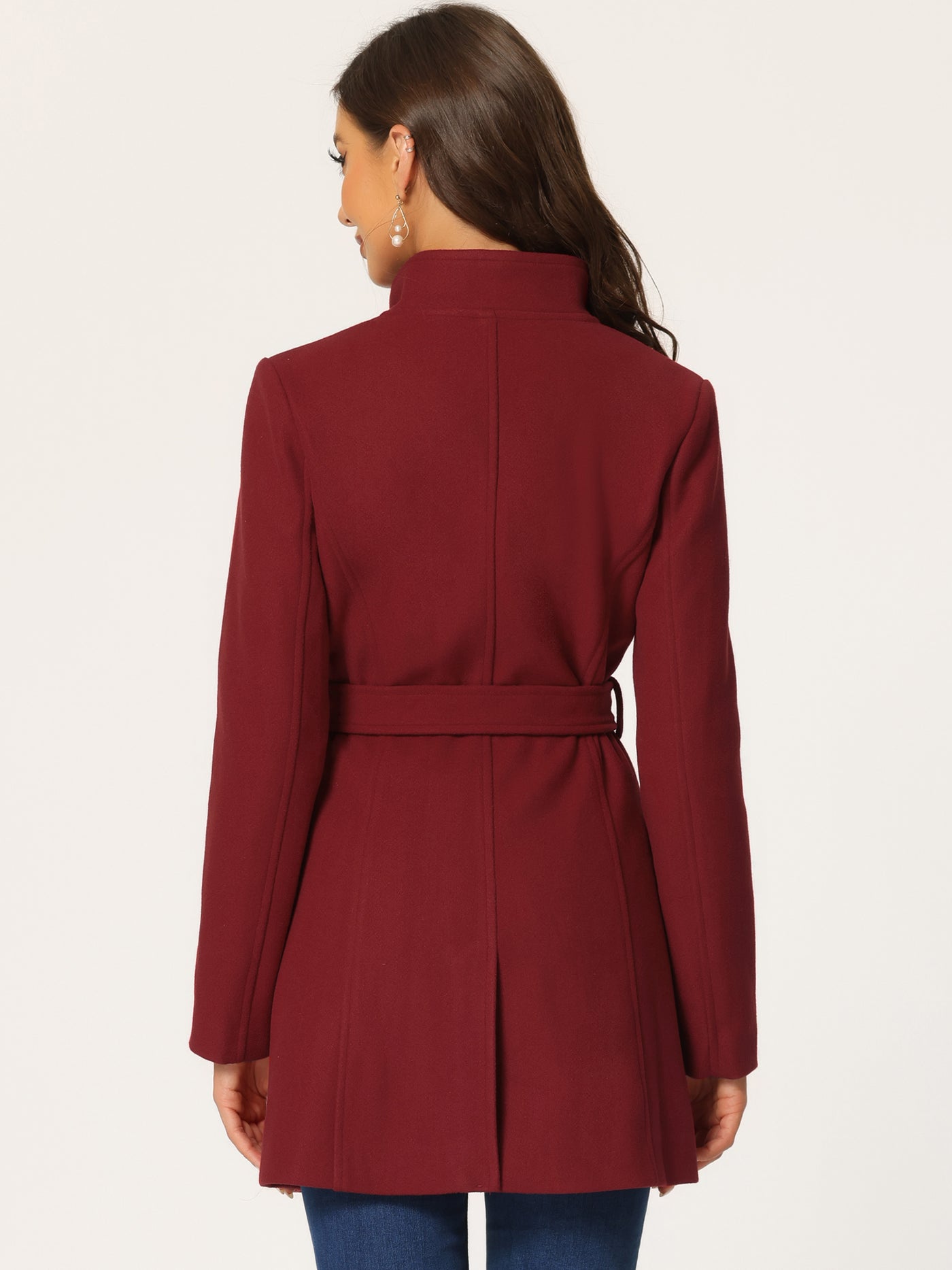 Allegra K Classic Stand Collar Long Sleeve Winter Belted Coat