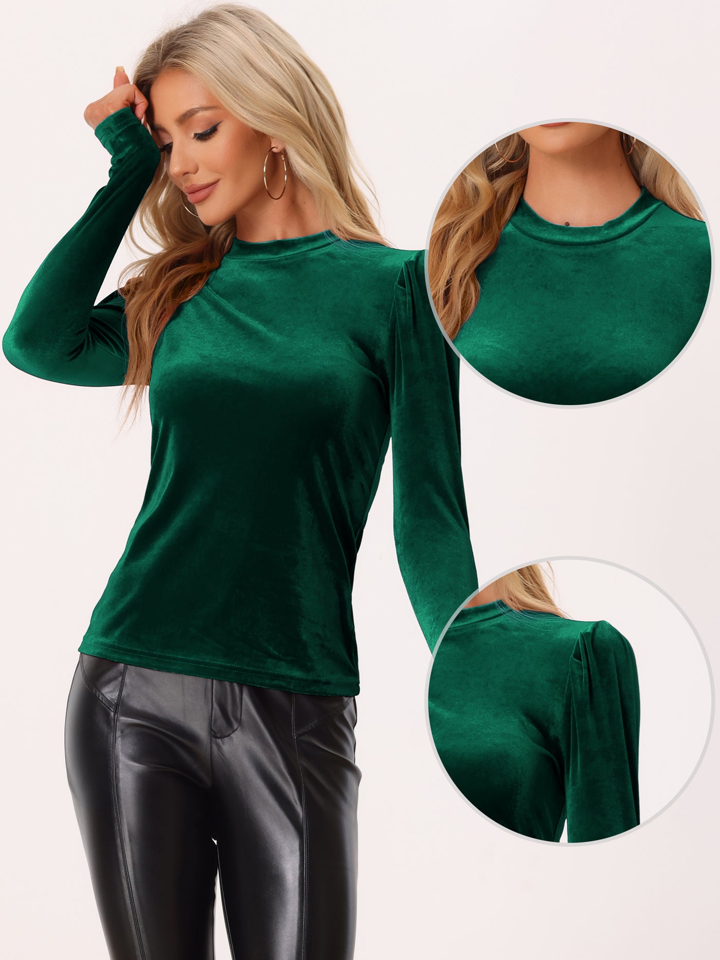 Allegra K Metallic Velvet Puff Long Sleeve Mock Neck Glitter T-shirt