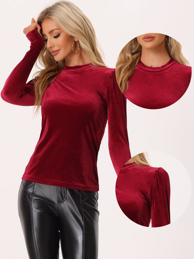 Metallic Velvet Puff Long Sleeve Mock Neck Glitter T-shirt