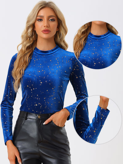 Velvet Blouse Stand Collar Long Sleeve Stars Tops