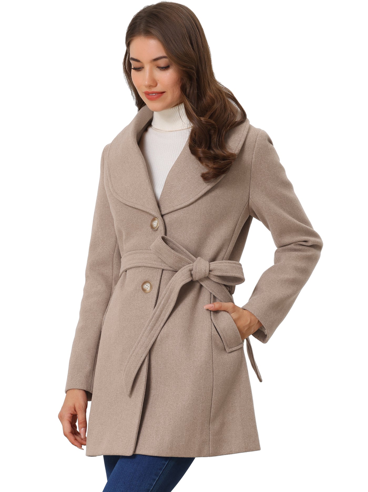 Allegra K Shawl Collar Single Breasted Winter Long Belted Coat