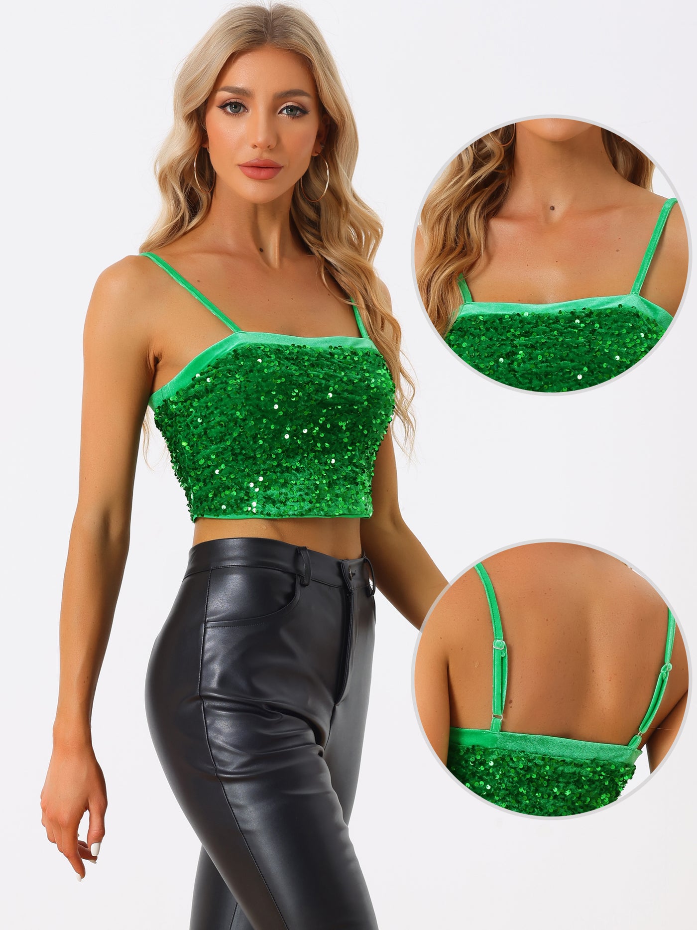 Allegra K Sequined Velvet Spaghetti Strap Club Party Cropped Cami Top