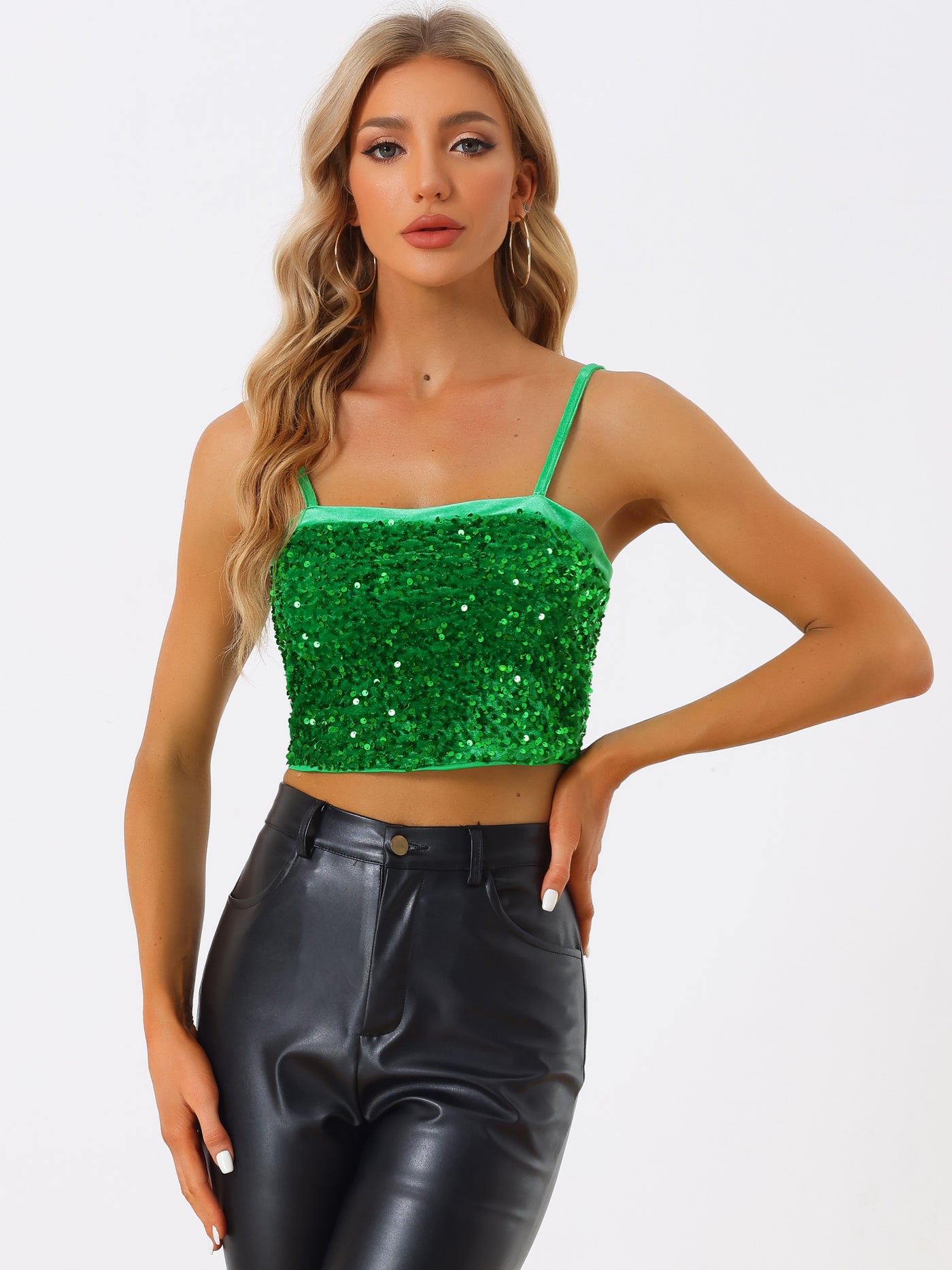 Allegra K Sequined Velvet Spaghetti Strap Club Party Cropped Cami Top