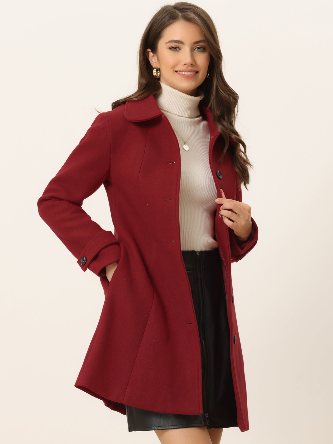 Allegra K Peter Pan Collar Single Breasted Overcoat Winter Pea Coat