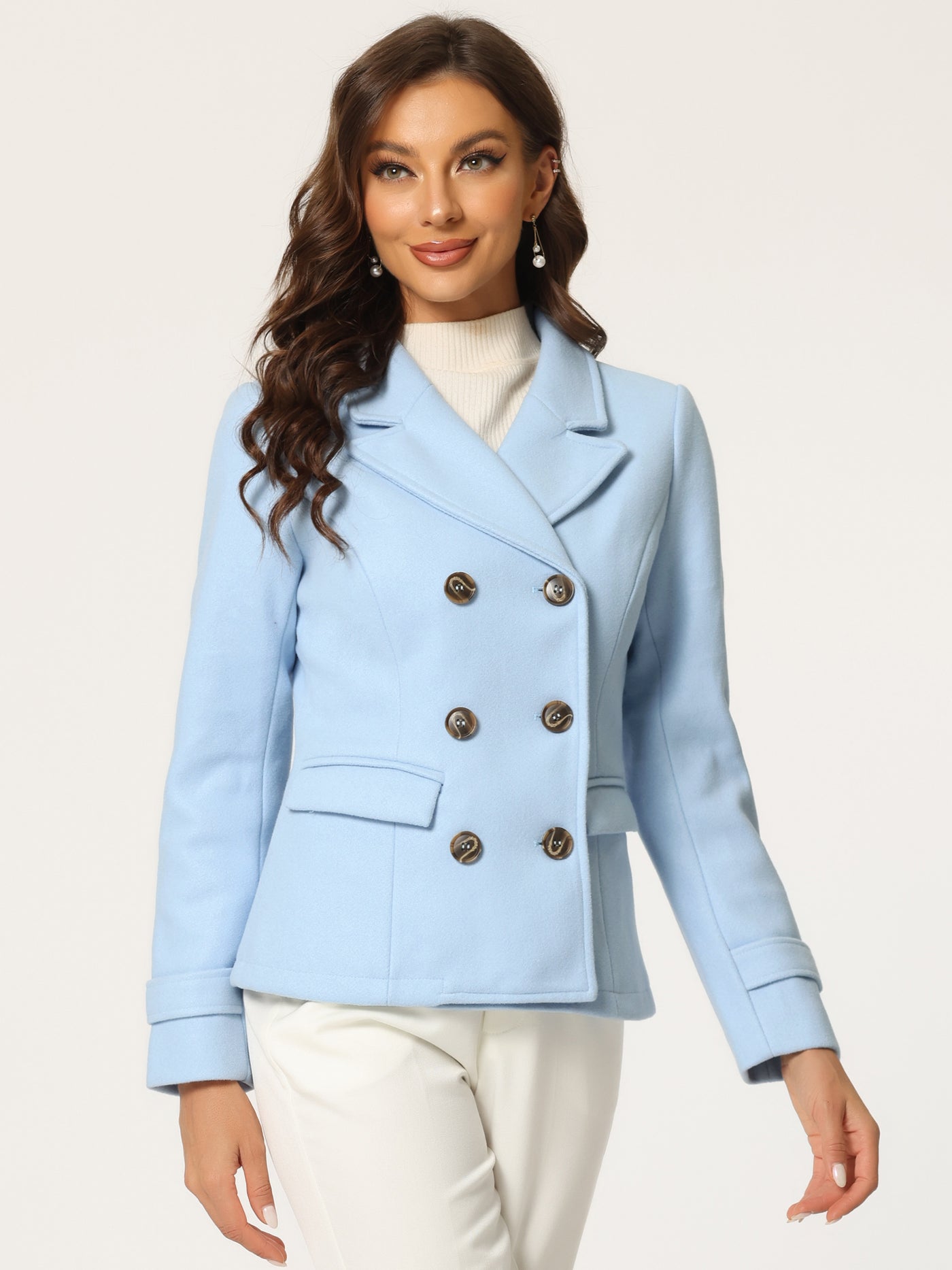 Allegra K Winter Notched Lapel Double Breasted Short Pea Coat