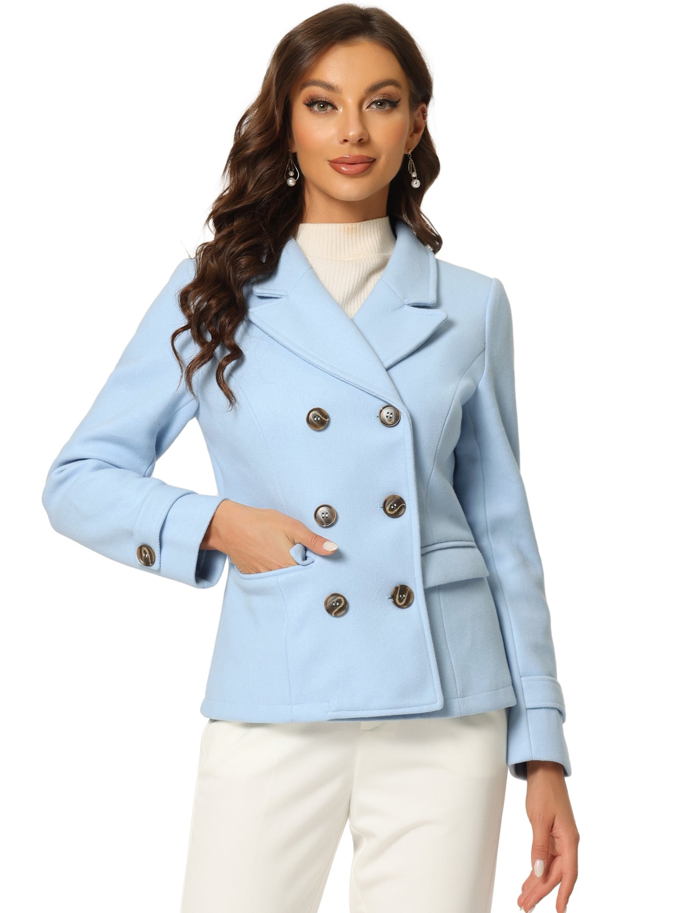 Allegra K Winter Notched Lapel Double Breasted Short Pea Coat