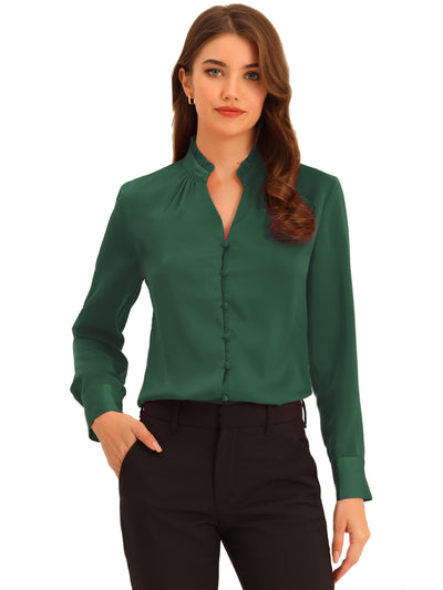 Ruffled Stand Collar Shirt Long Sleeve Button Elegant Satin Blouse