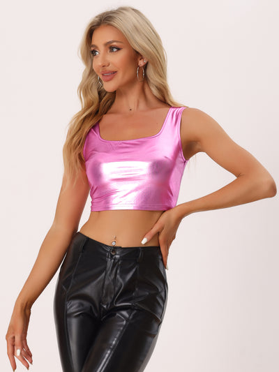 U Neck Sleeveless Party Holographic Shiny Metallic Crop Top