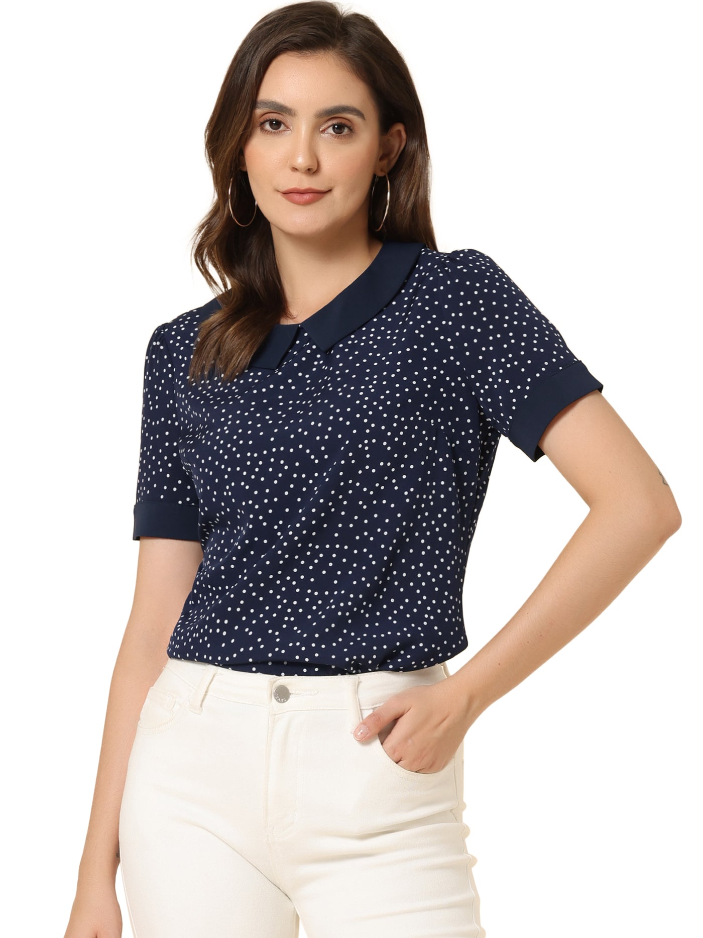 Allegra K Peter Pan Collar Vintage Polka Dots Short Sleeves Blouse