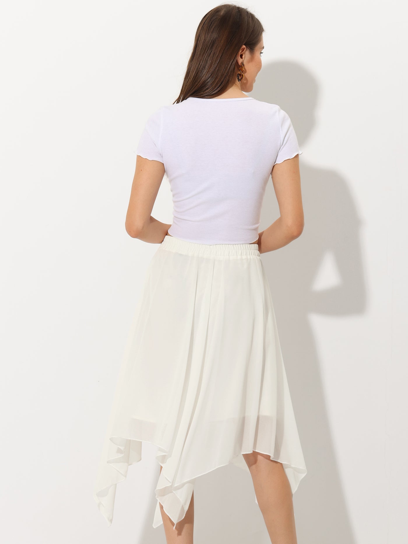 Allegra K Elastic Waist Chiffon Handkerchief Hem Midi Skirt