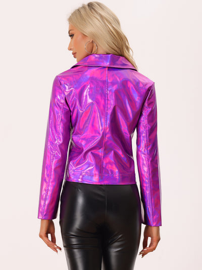 Metallic Biker Holographic Shiny Zipper Notched Jackets