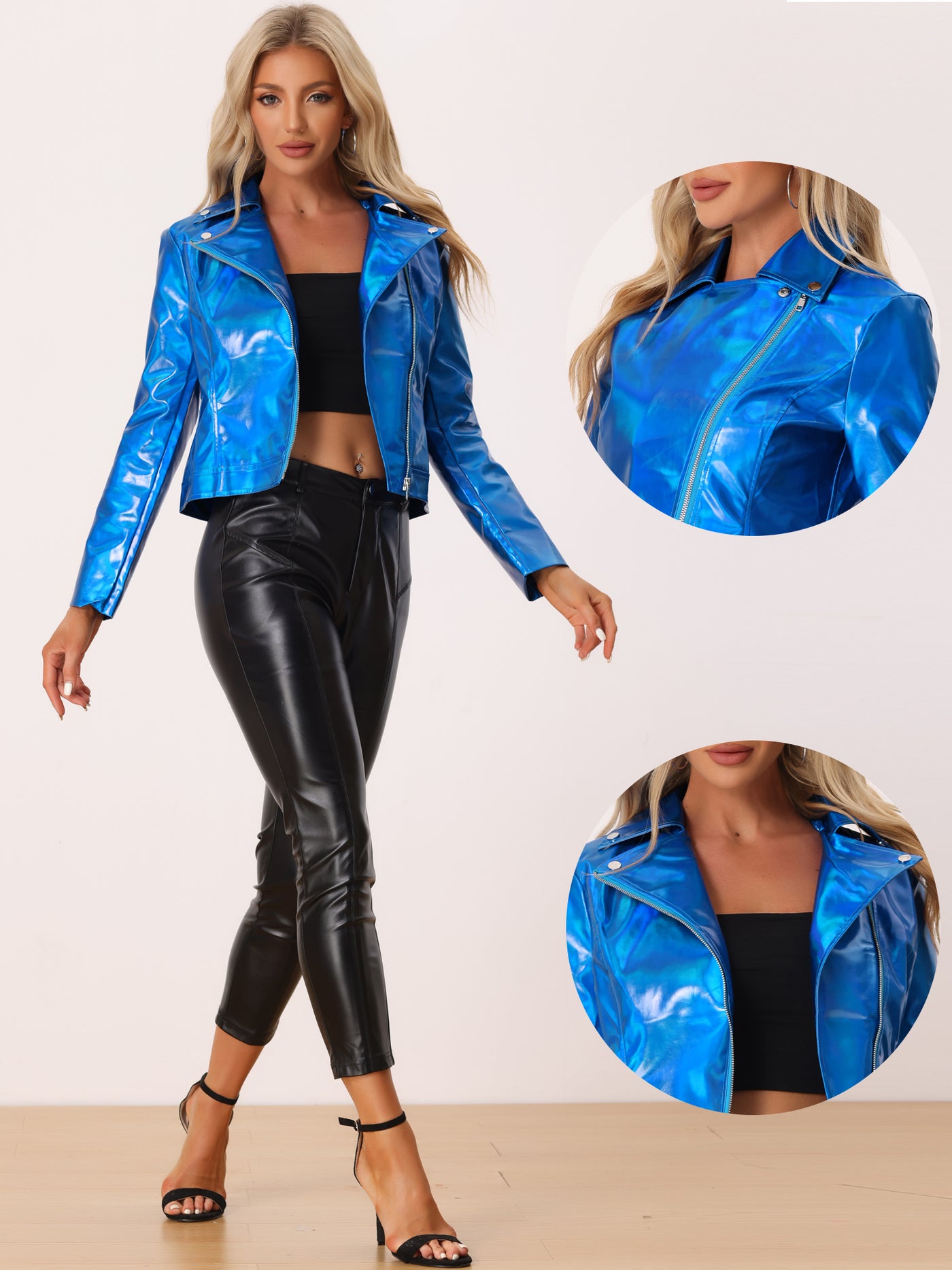 Allegra K Metallic Biker Holographic Shiny Zipper Notched Jackets