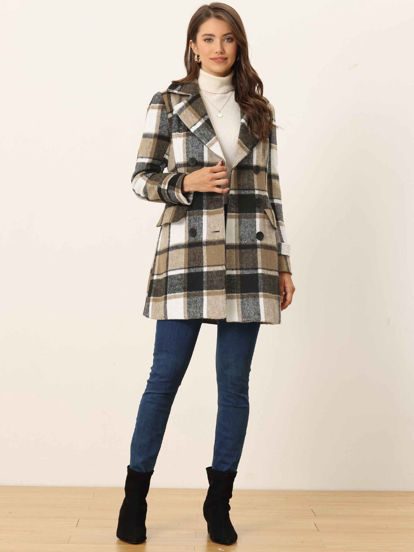 Allegra K Buffalo Checks Double Breasted Notched Lapel Plaid Trench Pea Coat