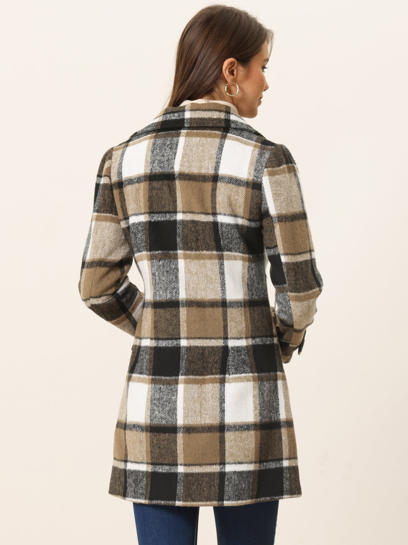 Allegra K Buffalo Checks Double Breasted Notched Lapel Plaid Trench Pea Coat