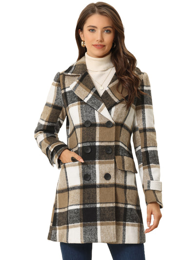 Buffalo Checks Double Breasted Notched Lapel Plaid Trench Pea Coat