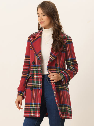 Allegra K Buffalo Checks Double Breasted Notched Lapel Plaid Trench Pea Coat