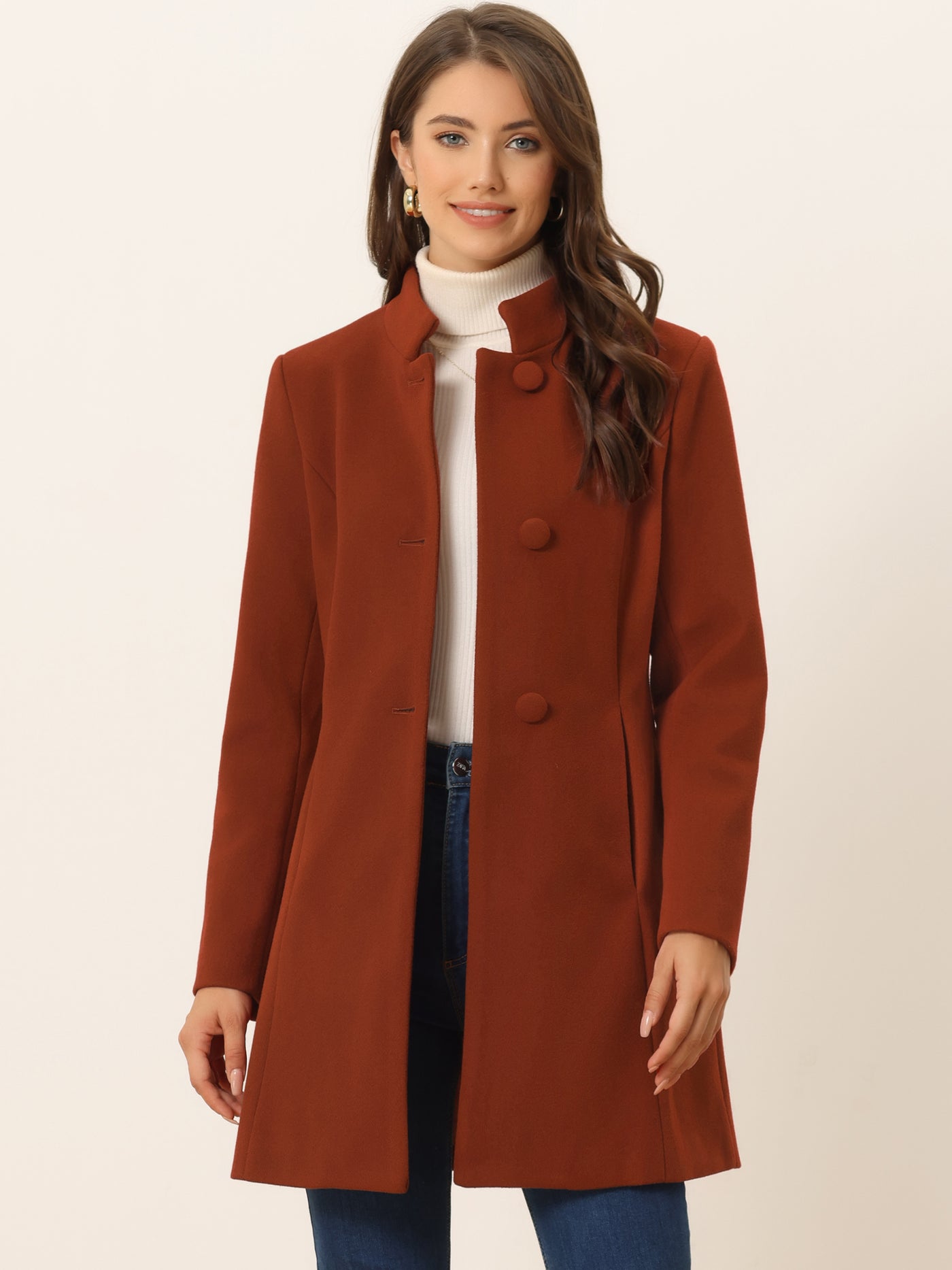 Allegra K Mid-thigh Stand Collar Single Breasted Long Coat