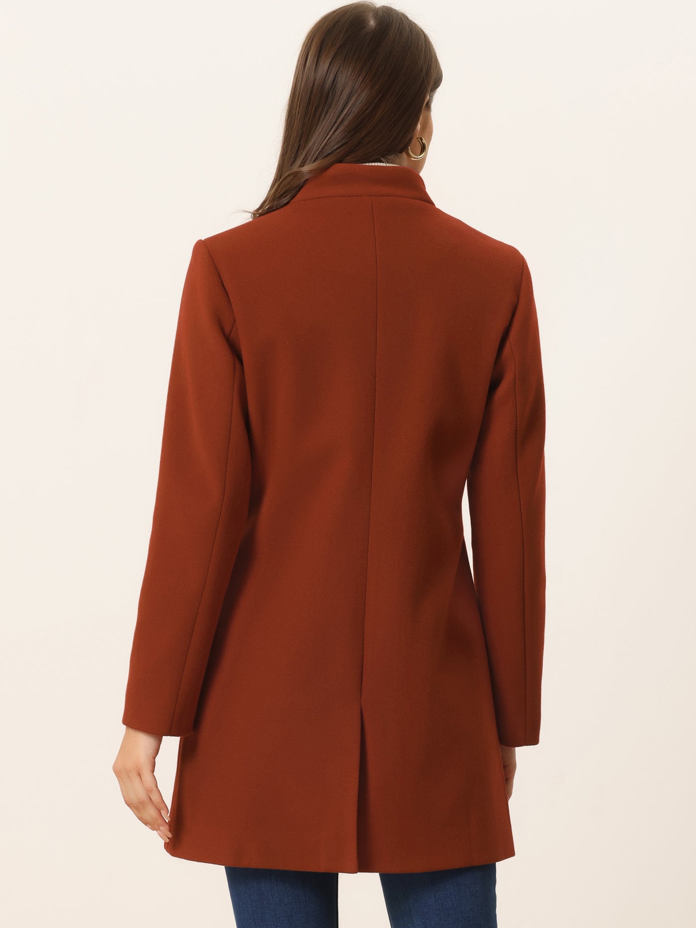 Allegra K Mid-thigh Stand Collar Single Breasted Long Coat