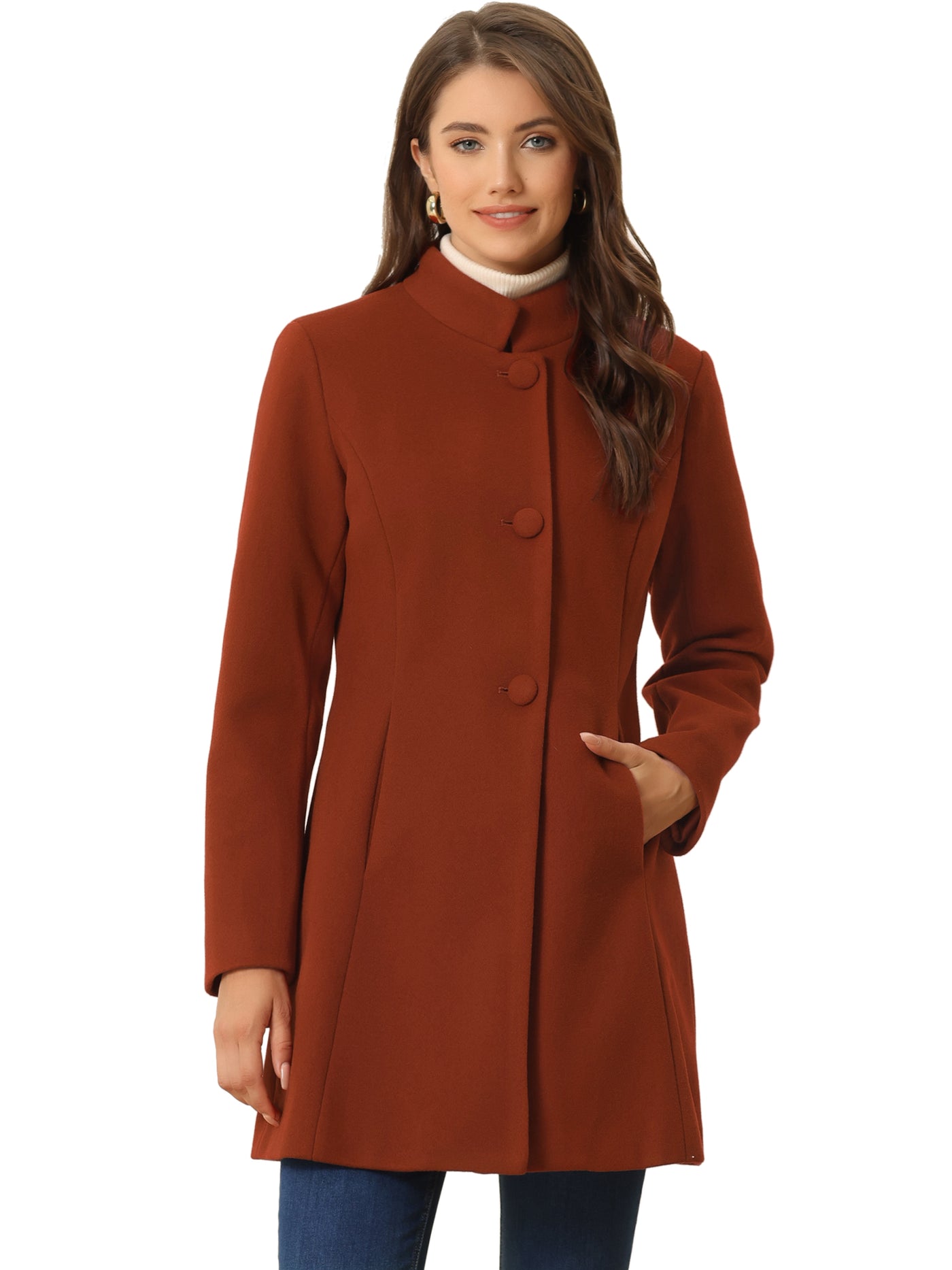 Allegra K Mid-thigh Stand Collar Single Breasted Long Coat