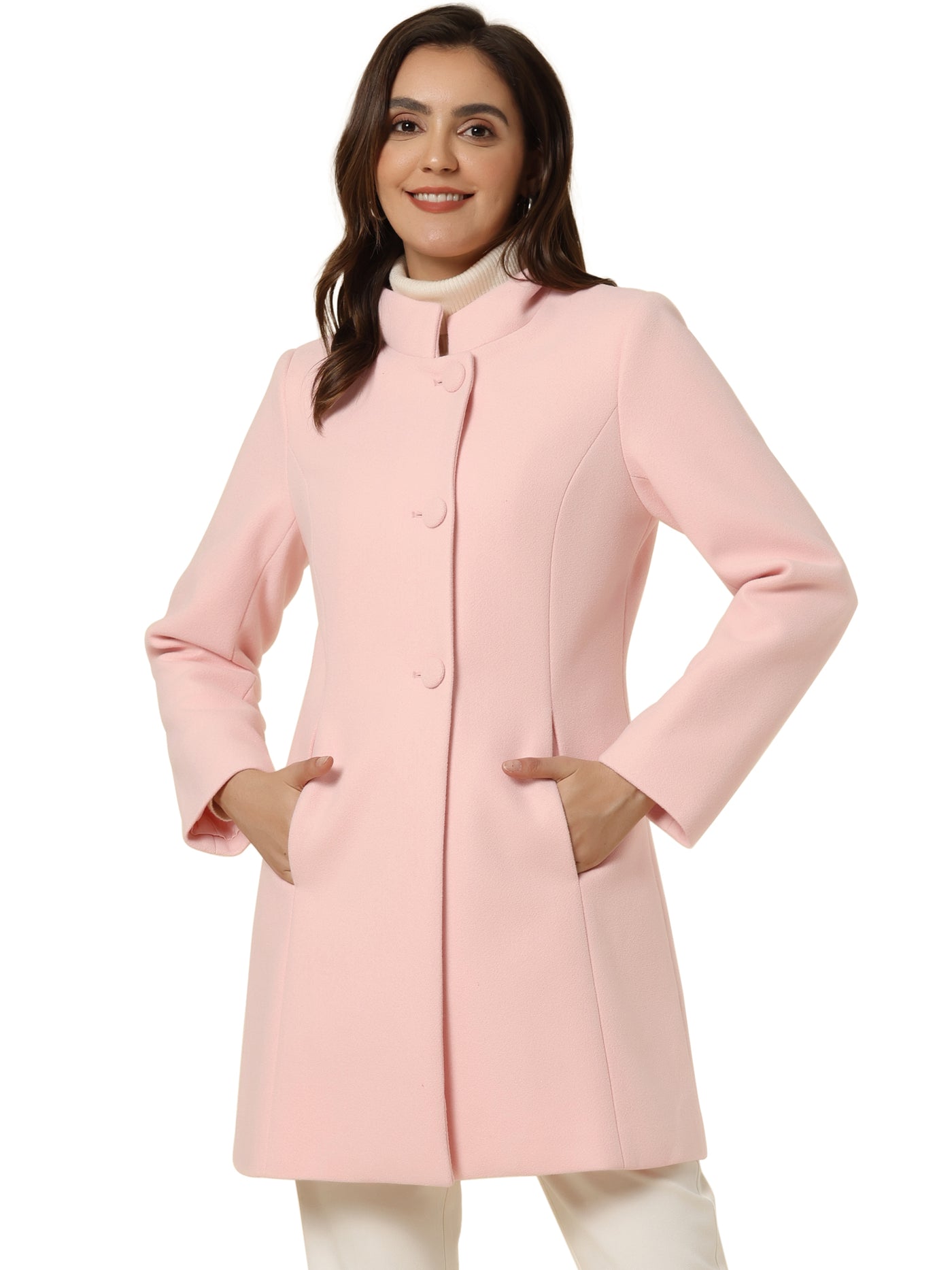 Allegra K Mid-thigh Stand Collar Single Breasted Long Coat