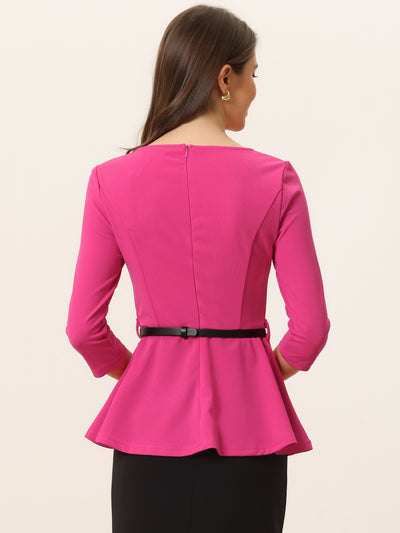 3/4 Sleeve Belted Peplum Elegant Business Work Blouse