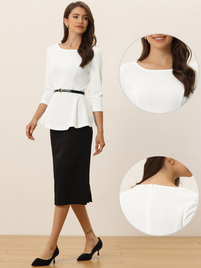 3/4 Sleeve Belted Peplum Elegant Business Work Blouse