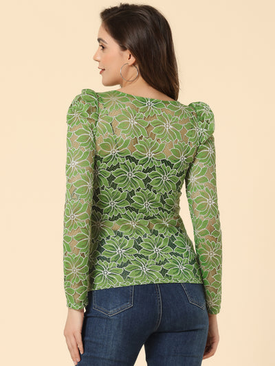 Retro Semi Sheer Puff Long Sleeve Embroidery Lace Blouse