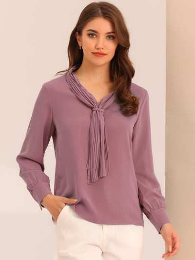 Long Sleeve Blouse Chiffon Pleated Tie Neck Office Top Shirt