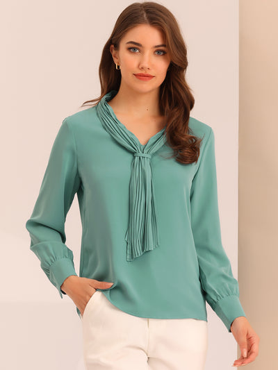 Long Sleeve Pleated Tie Neck Office Chiffon Blouse