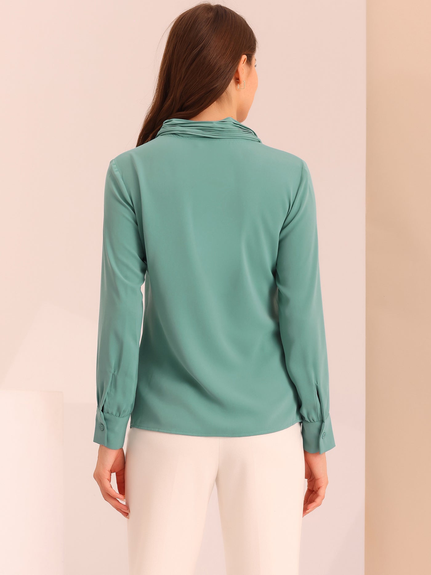 Allegra K Long Sleeve Pleated Tie Neck Office Chiffon Blouse