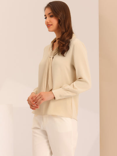 Long Sleeve Blouse Chiffon Pleated Tie Neck Office Top Shirt