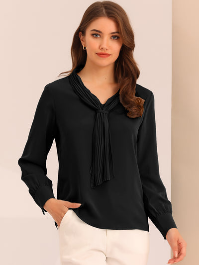 Long Sleeve Blouse Chiffon Pleated Tie Neck Office Top Shirt