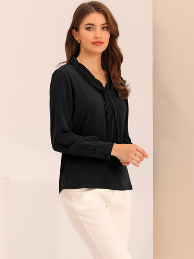 Long Sleeve Blouse Chiffon Pleated Tie Neck Office Top Shirt