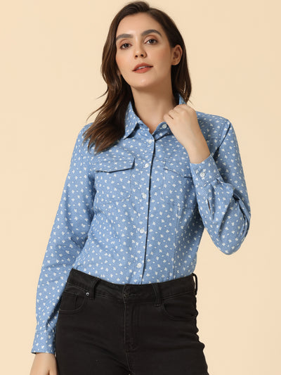 Button Down Long Sleeve Point Collar Chambray Poplin Shirt