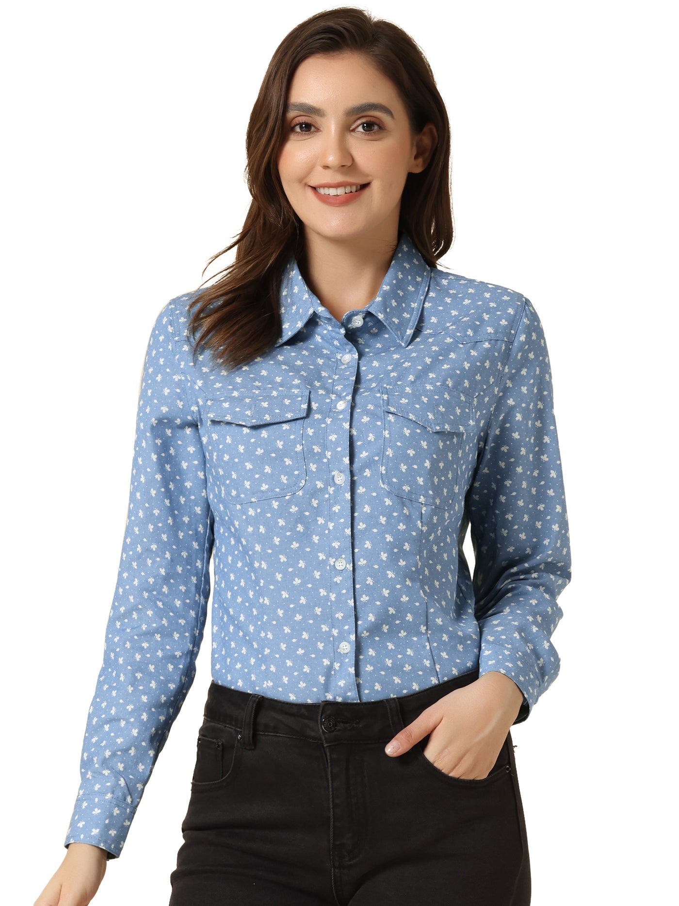 Allegra K Button Down Long Sleeve Point Collar Chambray Poplin Shirt