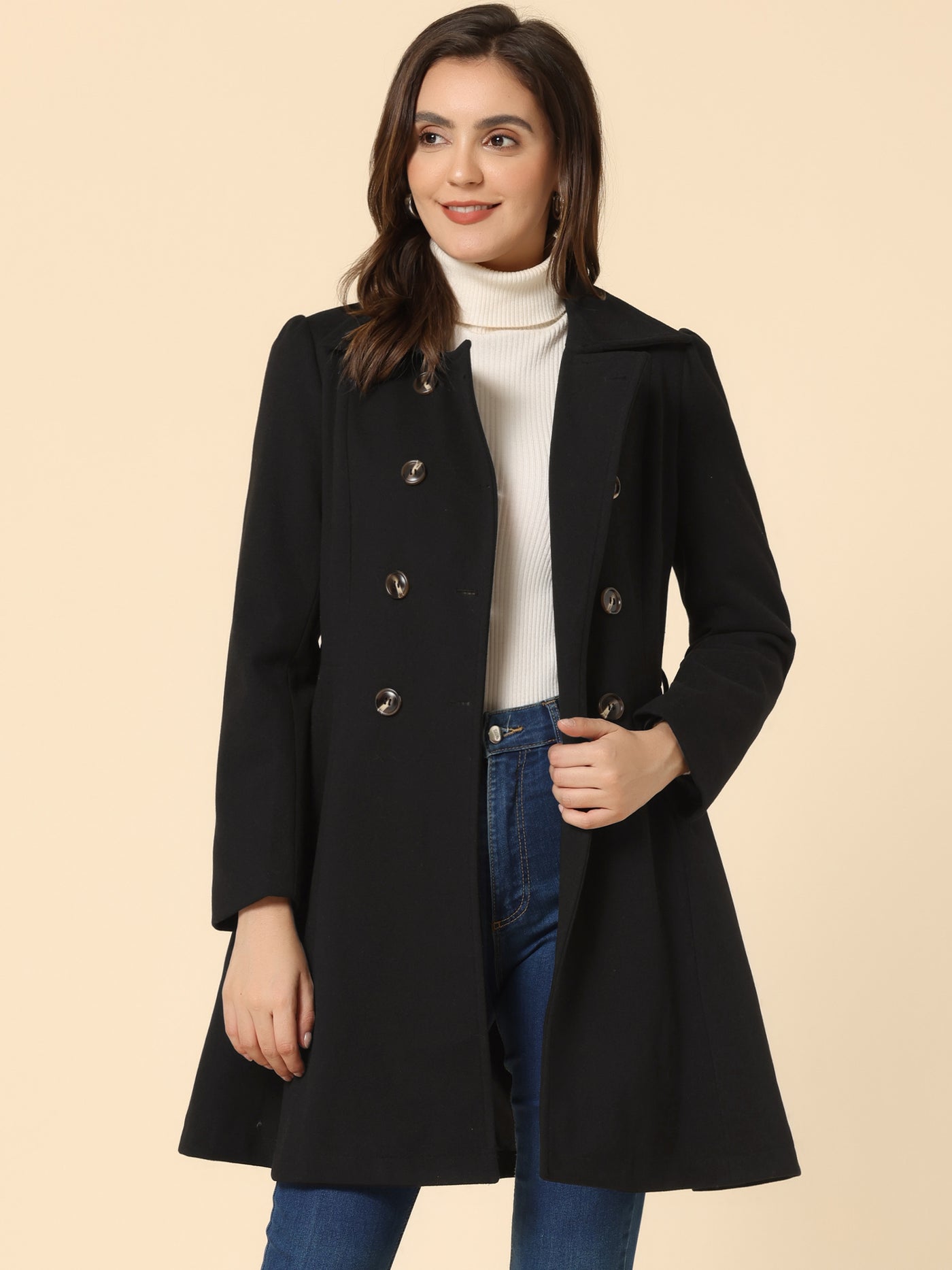 Allegra K Winter Overcoat Turn Down Collar Belted Double Breasted Long Coat