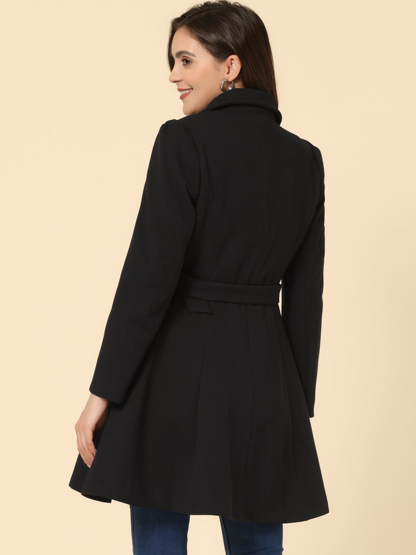 Allegra K Winter Overcoat Turn Down Collar Belted Double Breasted Long Coat