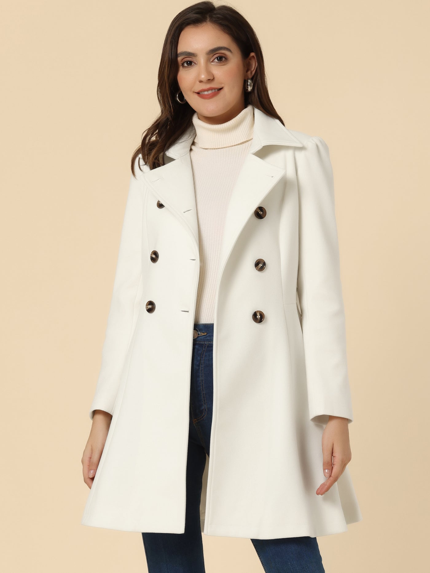 Allegra K Winter Overcoat Turn Down Collar Belted Double Breasted Long Coat